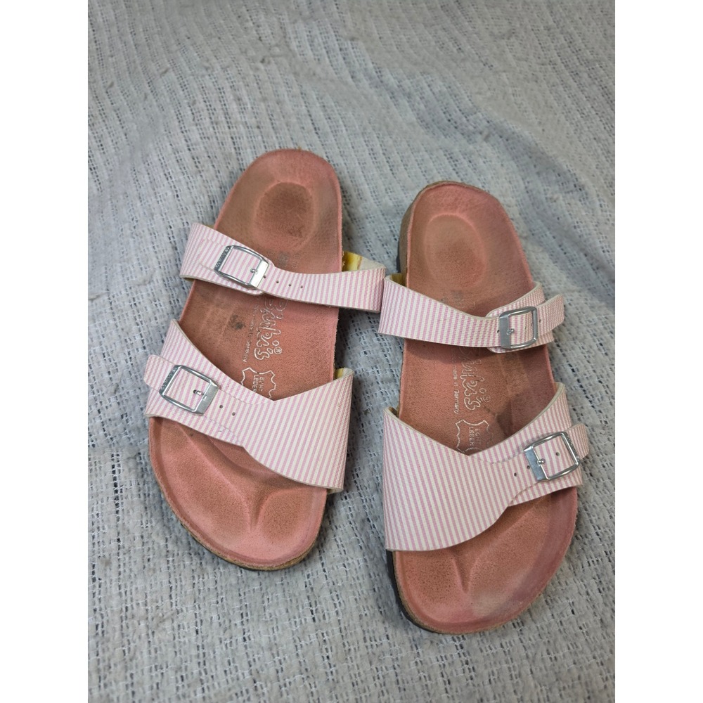Birkis Birkenstock Pink White Striped Slide Sandals Buckle Cork 40 L9 M7